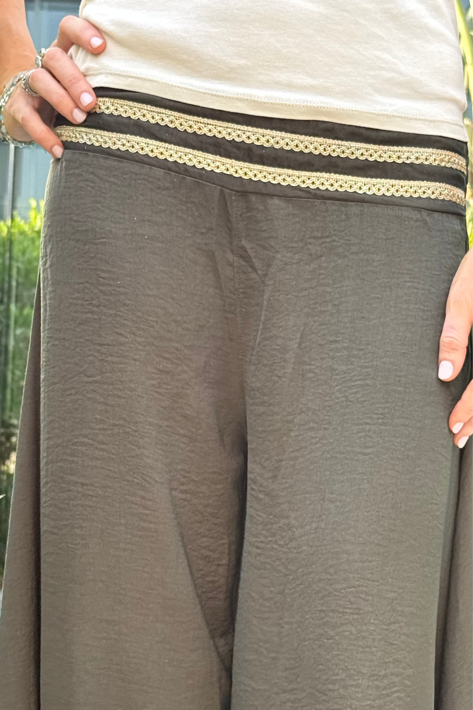 Palazzo Pants – Green with Gold Trim