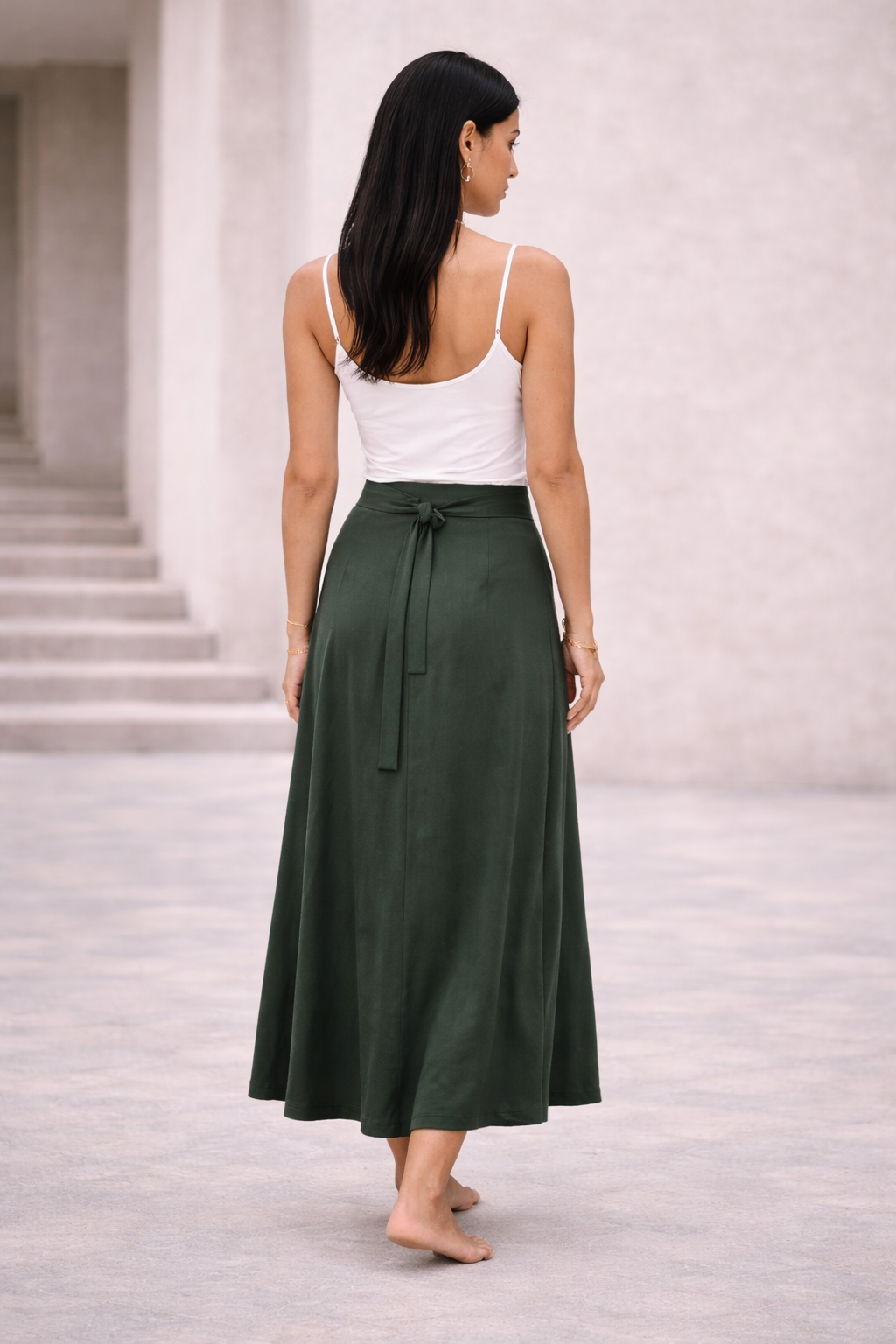 Soft Wrap Skirt-Moss Green — side view | VIVI & CO