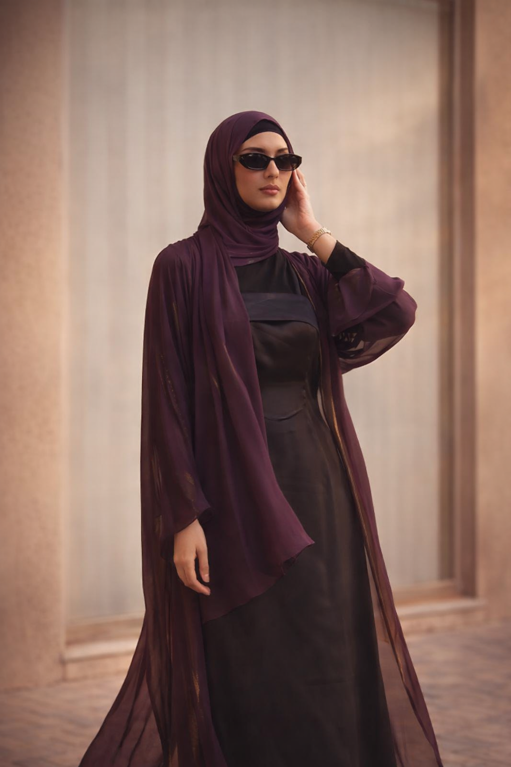 Luna Chiffon Headscarf – Aubergine with Gold Lame Lining
