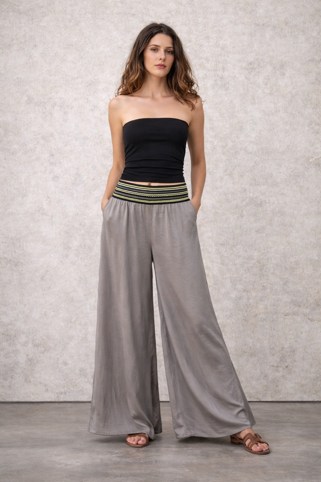 Palazzo Pants – Grey with Lime Green Trim — back view | VIVI & CO