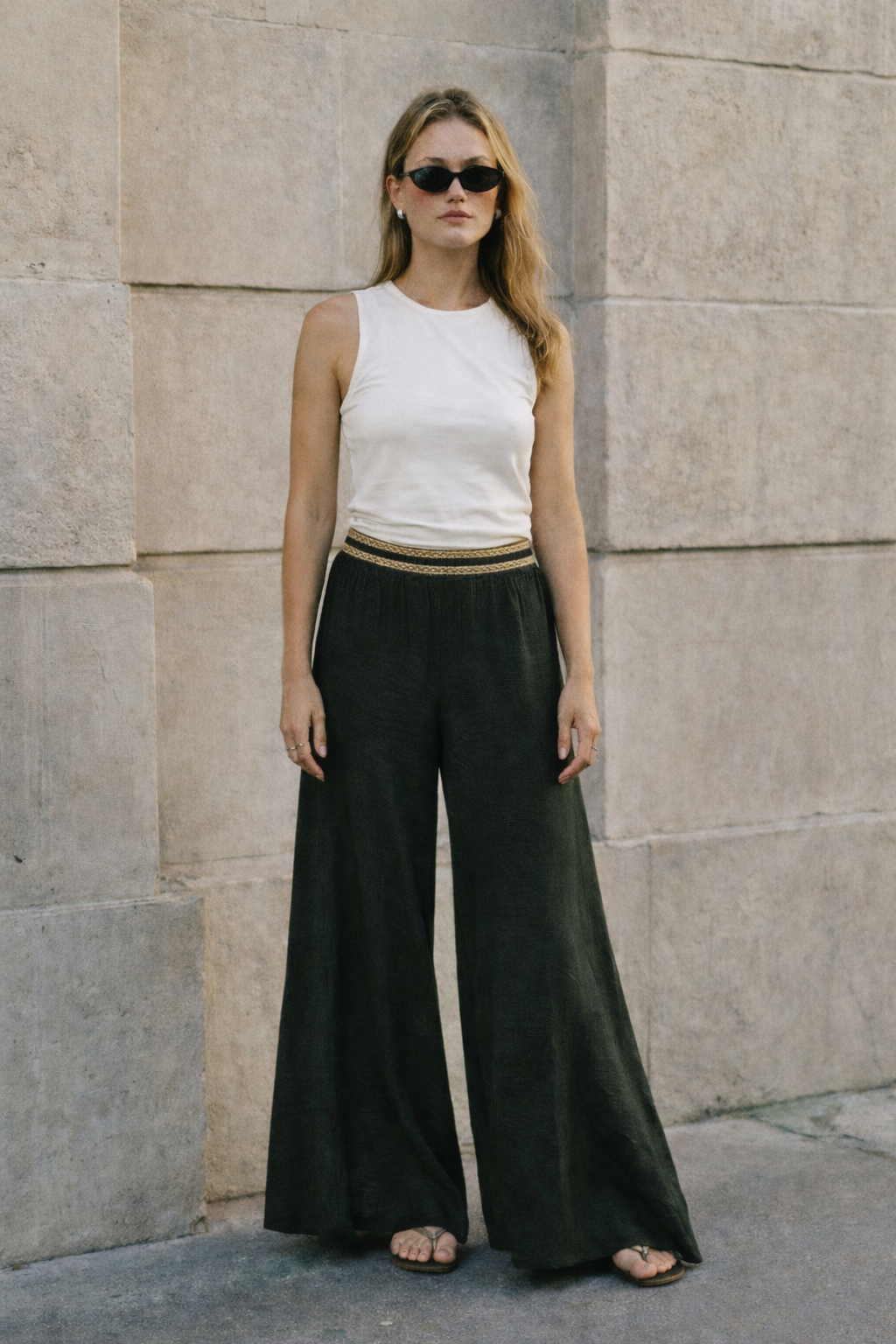 Palazzo Pants – Green with Gold Trim — front view | VIVI & CO