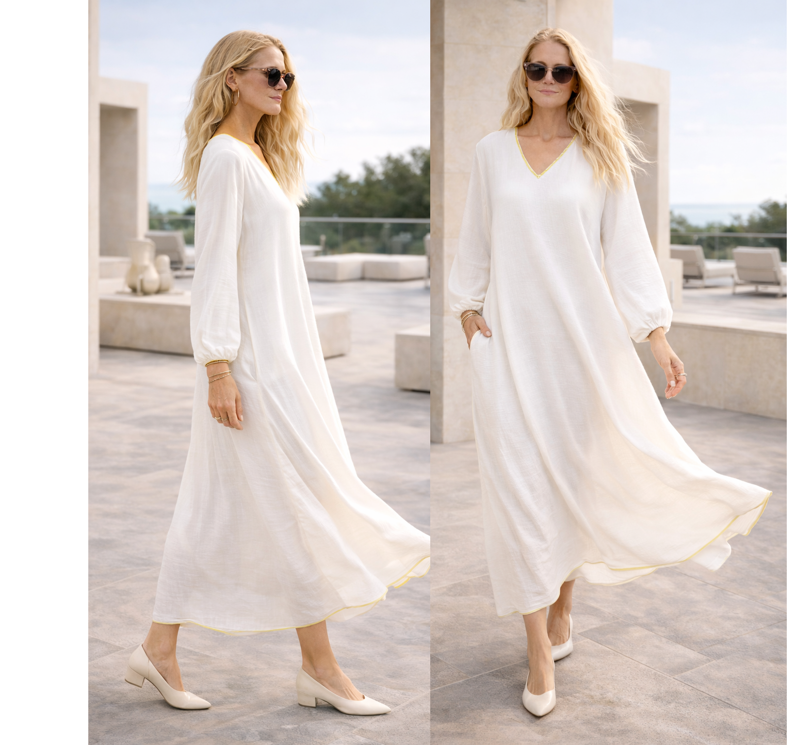 Athena Day Dress Maxi - Orange Trim — side view | VIVI & CO