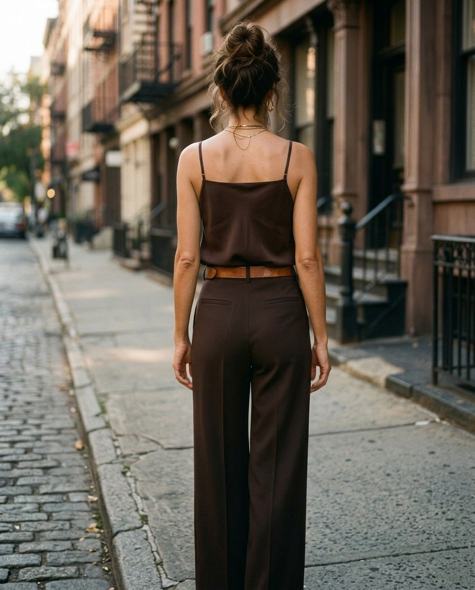Elegant Top & Tailored Trouser Set - Hot Chocolate Brown - Back (straight neckline)