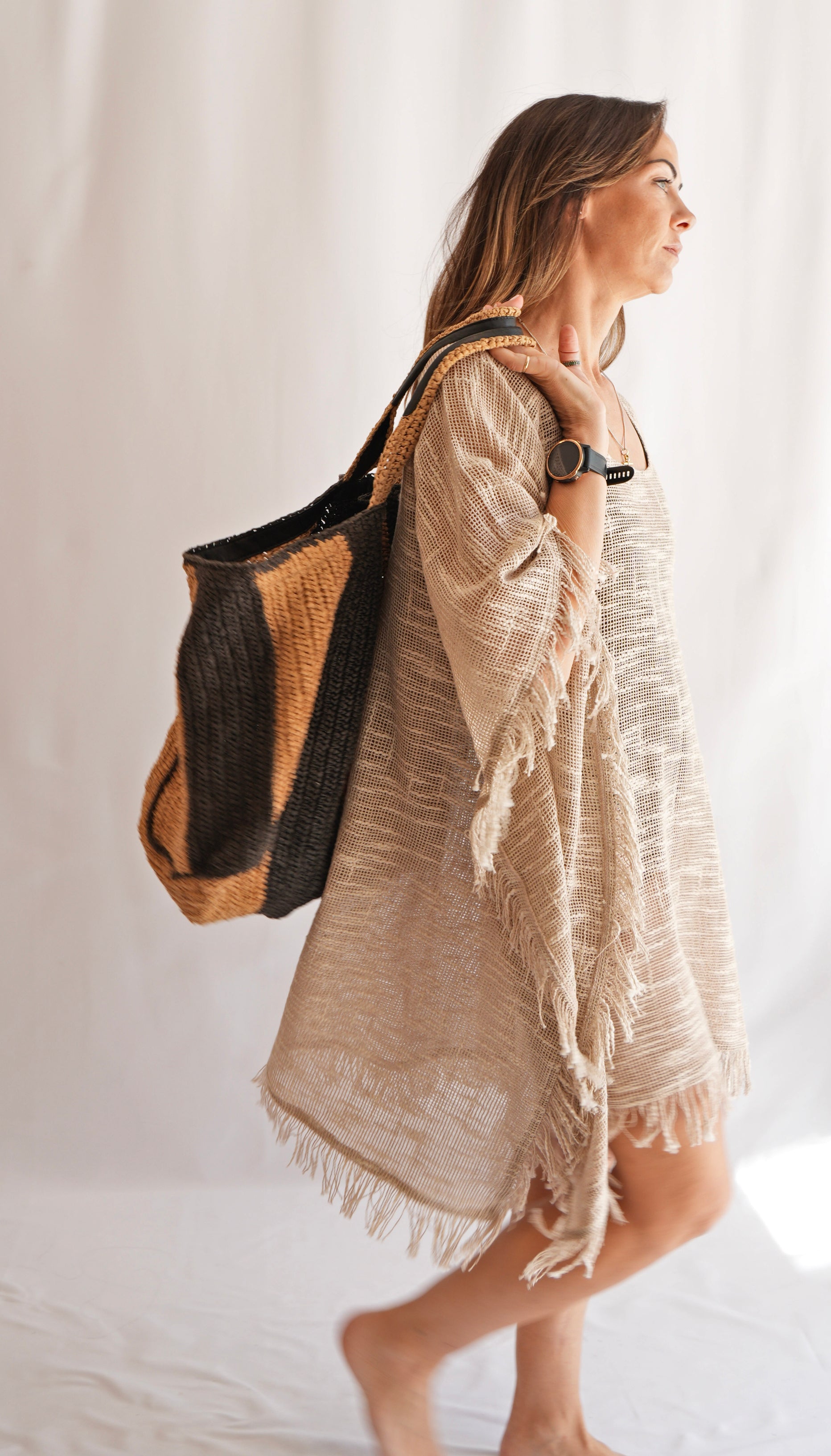 Shelley Ibiza Tunic styled as beach cover up with bag — VIVI & CO