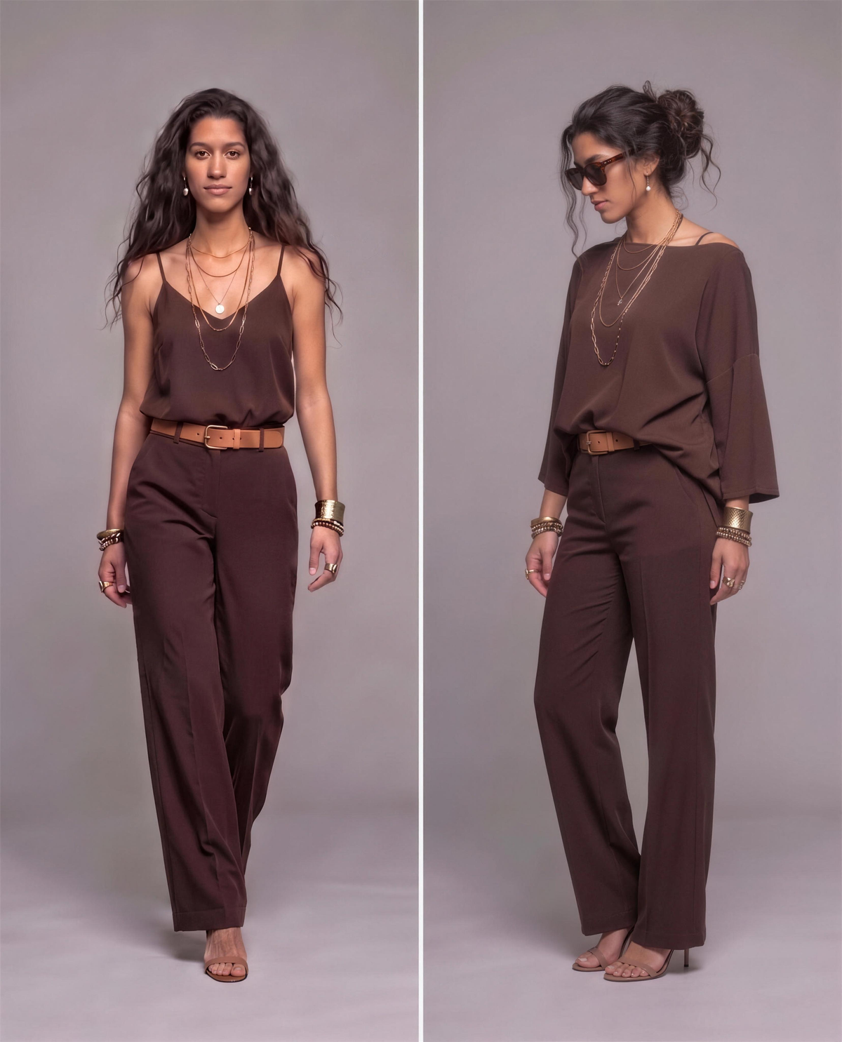VIVI & Co Essential Elegant Set in Hot Chocolate Brown, shown with the vest top and with the Essential Overlay Top