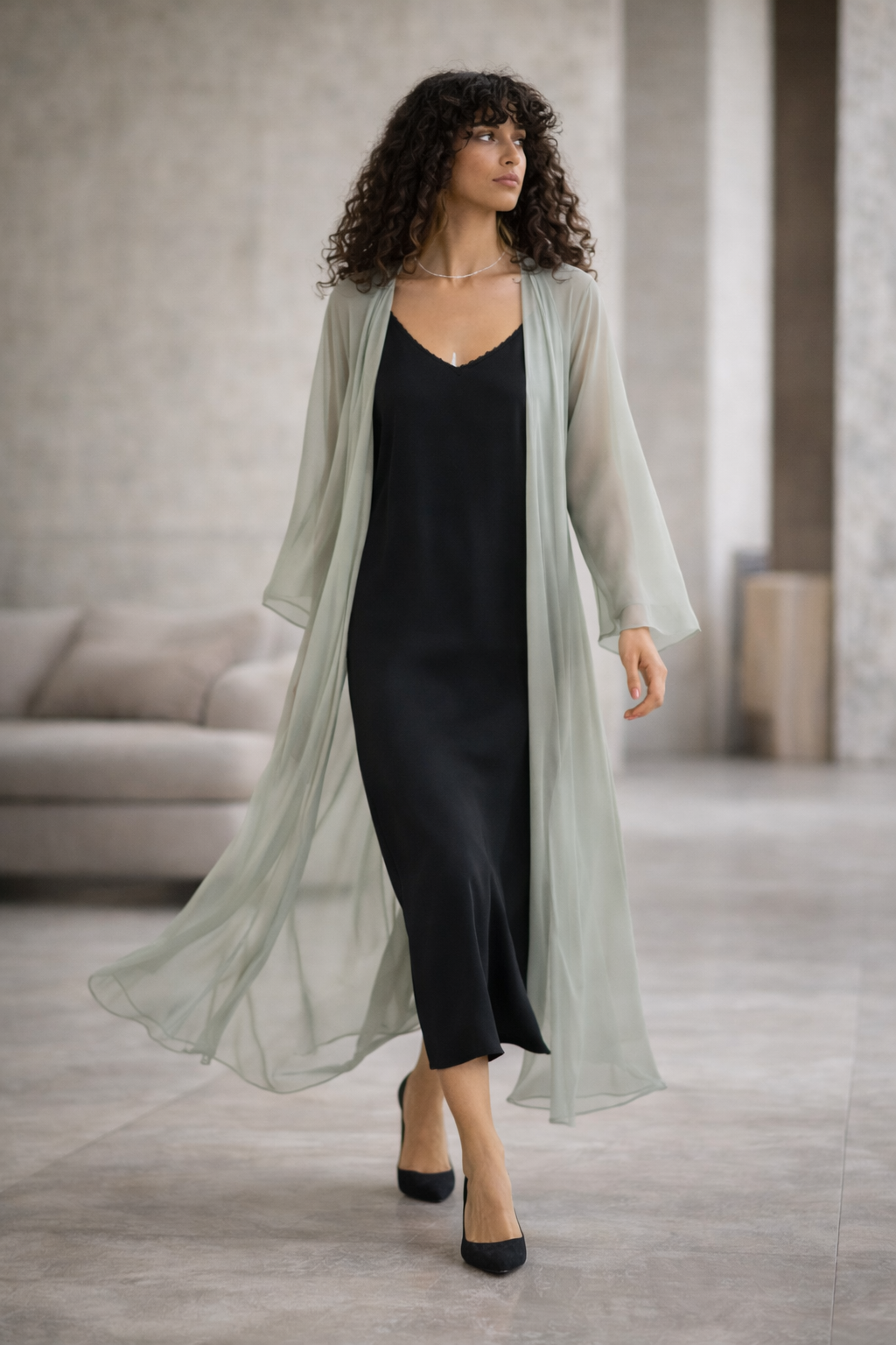 Iconic Chiffon Gilet – Sage Green with Matt Gold Lame Inlet — front view | VIVI & CO