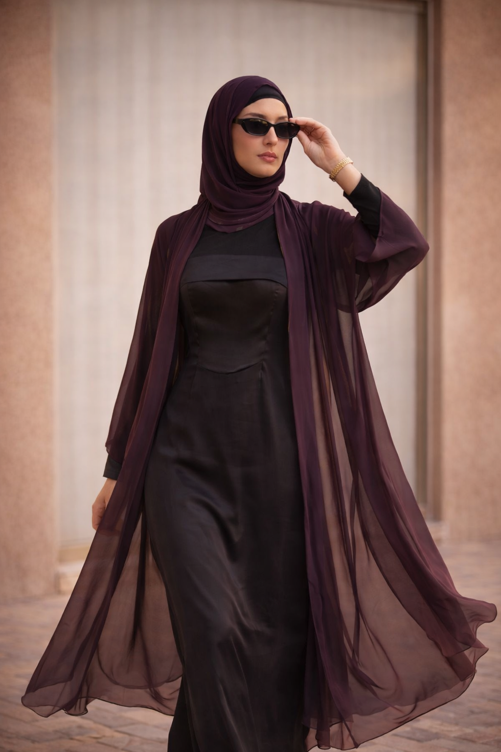Luna Chiffon Headscarf – Aubergine with Gold Lame Lining