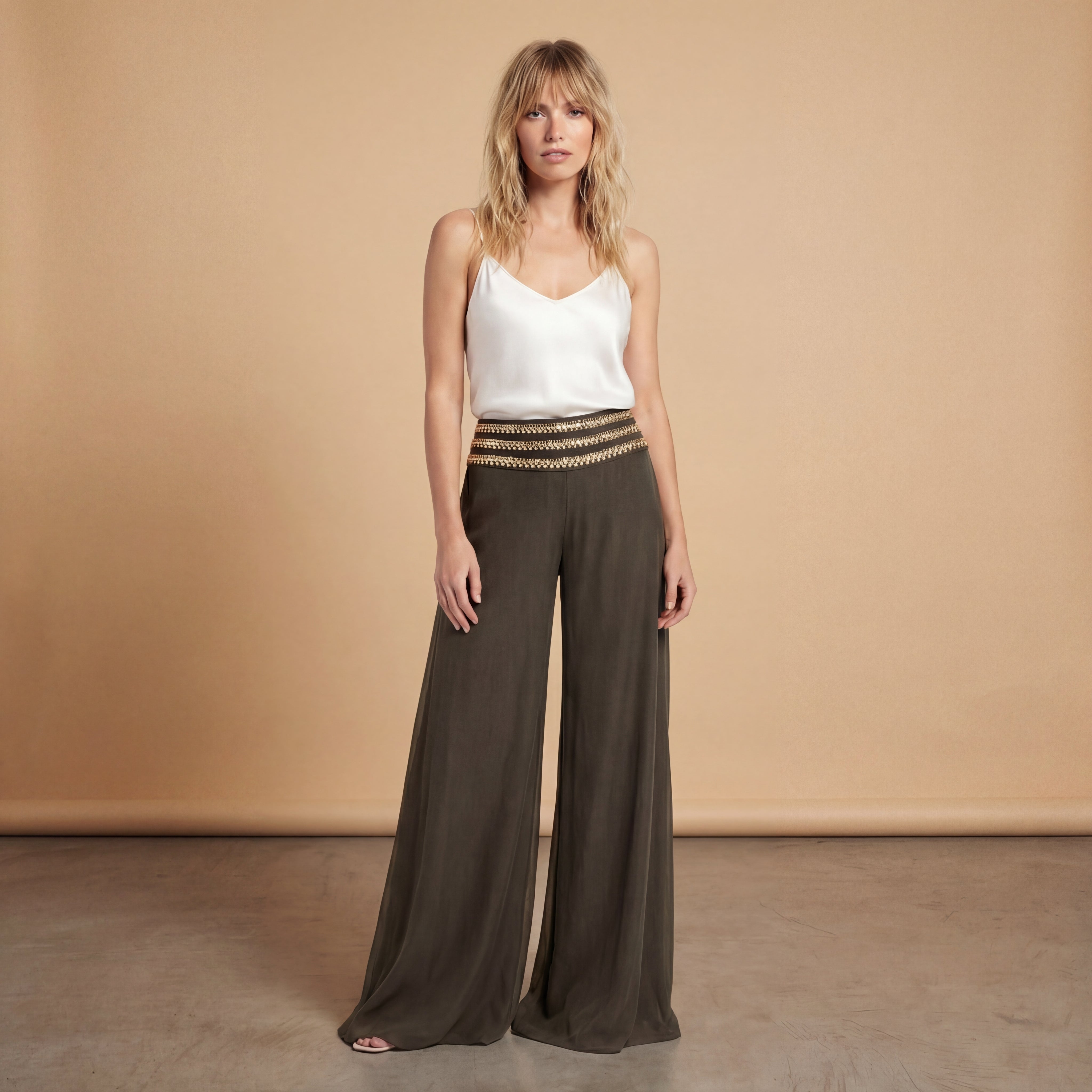 Palazzo Pants – Green with Gold Trim
