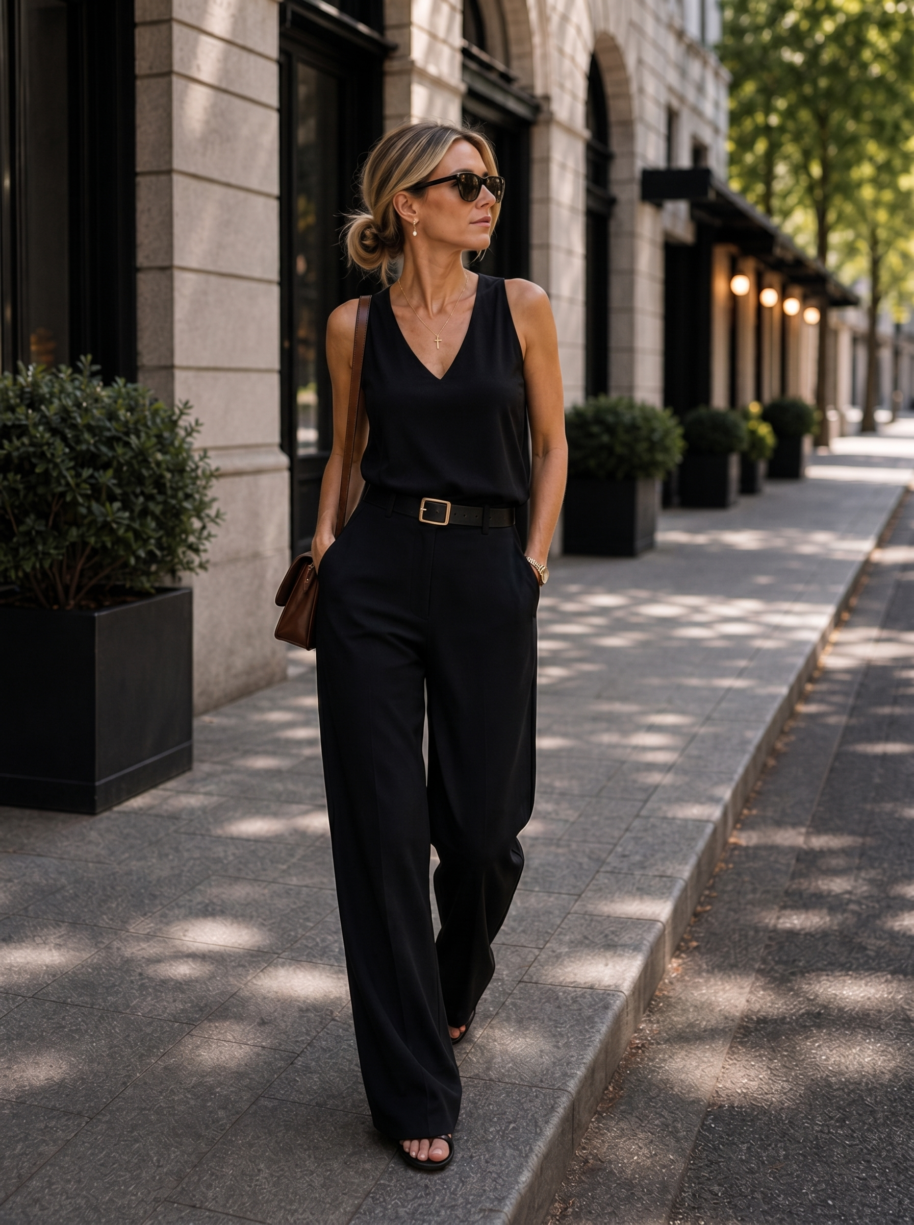 Essential Elegant Set in black — walking street style, flat-front tailored trousers