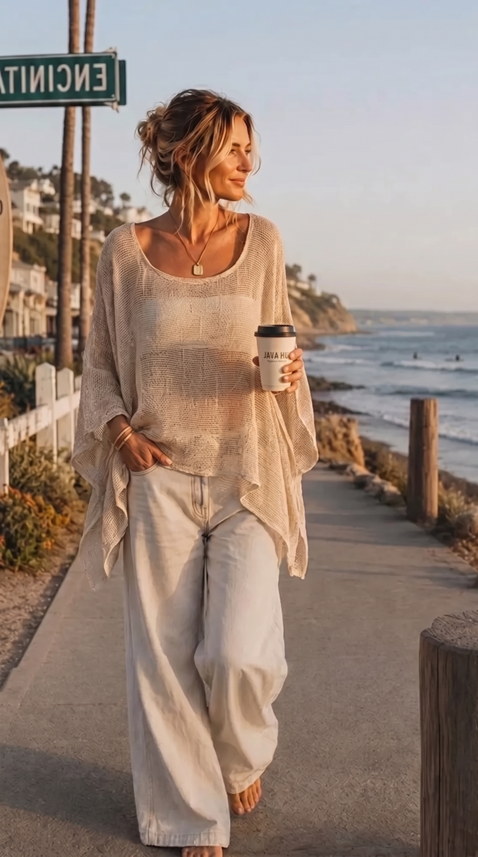 Shelley Ibiza Throw Top in Bejewelled Soft Jute, worn on a seaside walk