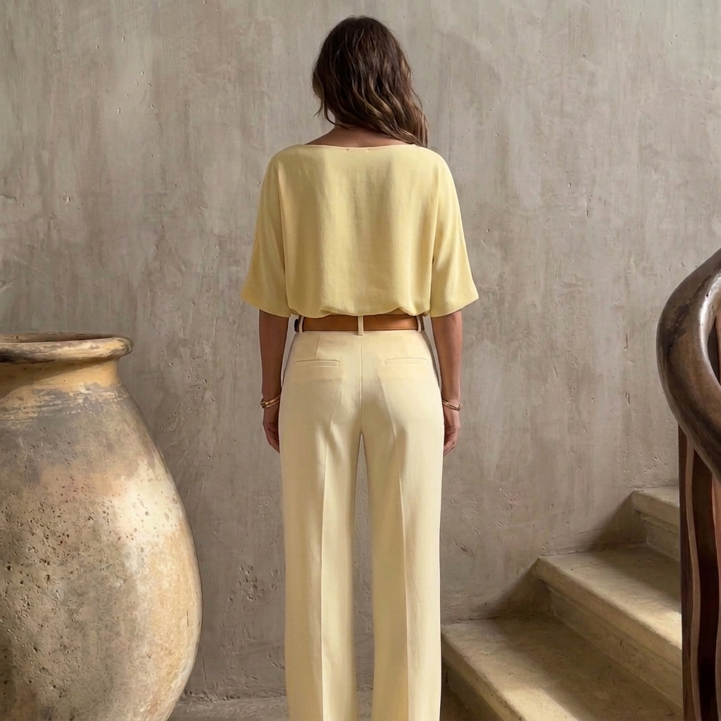 Essential Elegant Top and Tailored Trouser Set - Soft Butter Yellow - Back