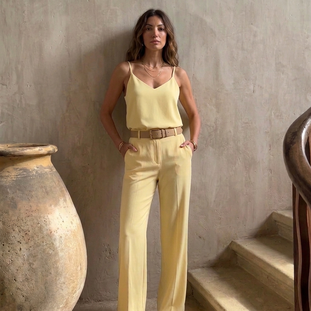 Essential Elegant Top and Tailored Trouser Set - Soft Butter Yellow - front