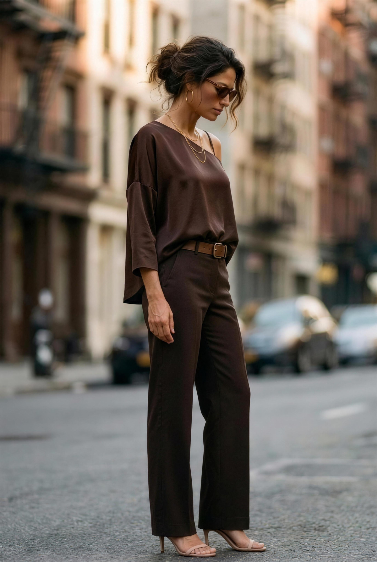 VIVI & Co Essential Overlay Top in Hot Chocolate Brown, tucked in to show the belt, with matching tailored trousers