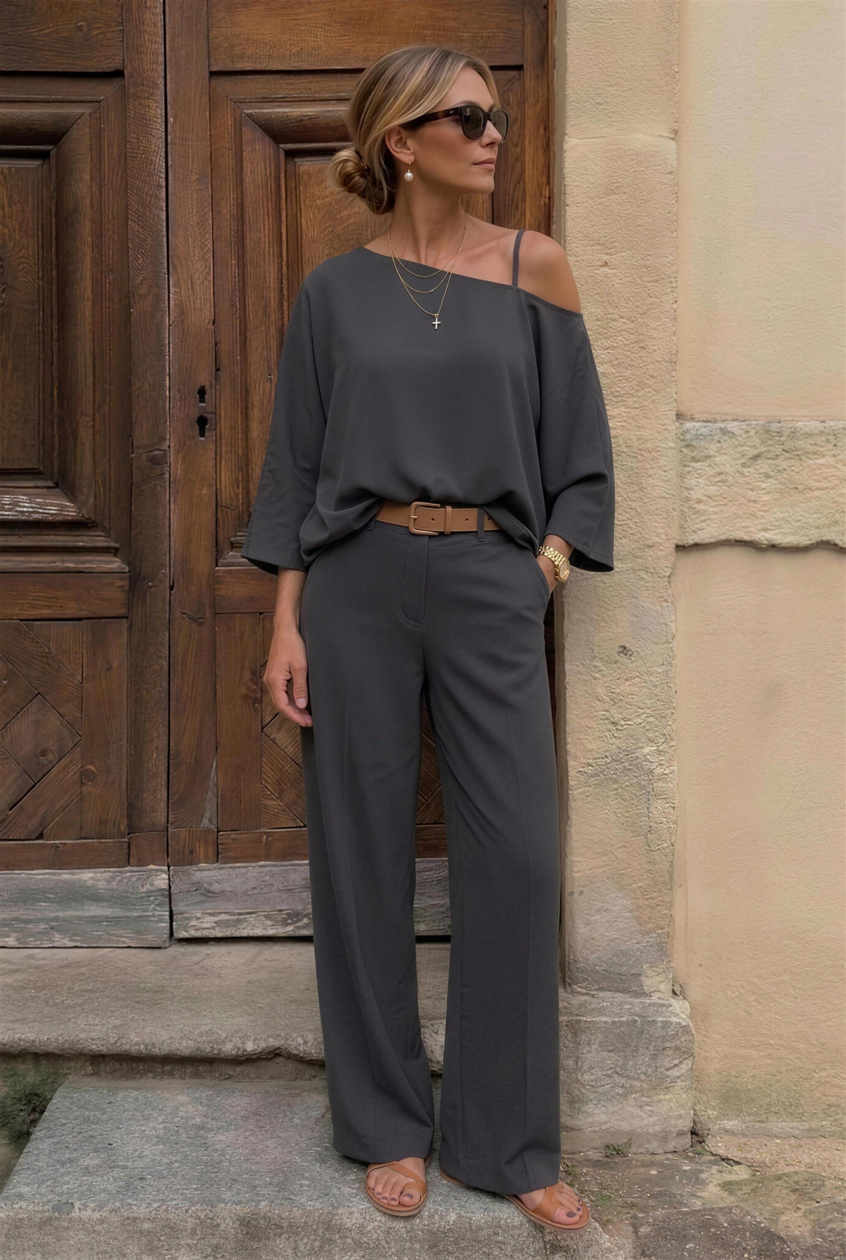 VIVI & Co Essential Overlay Top in Slate, tucked in to show the belt, with matching tailored trousers