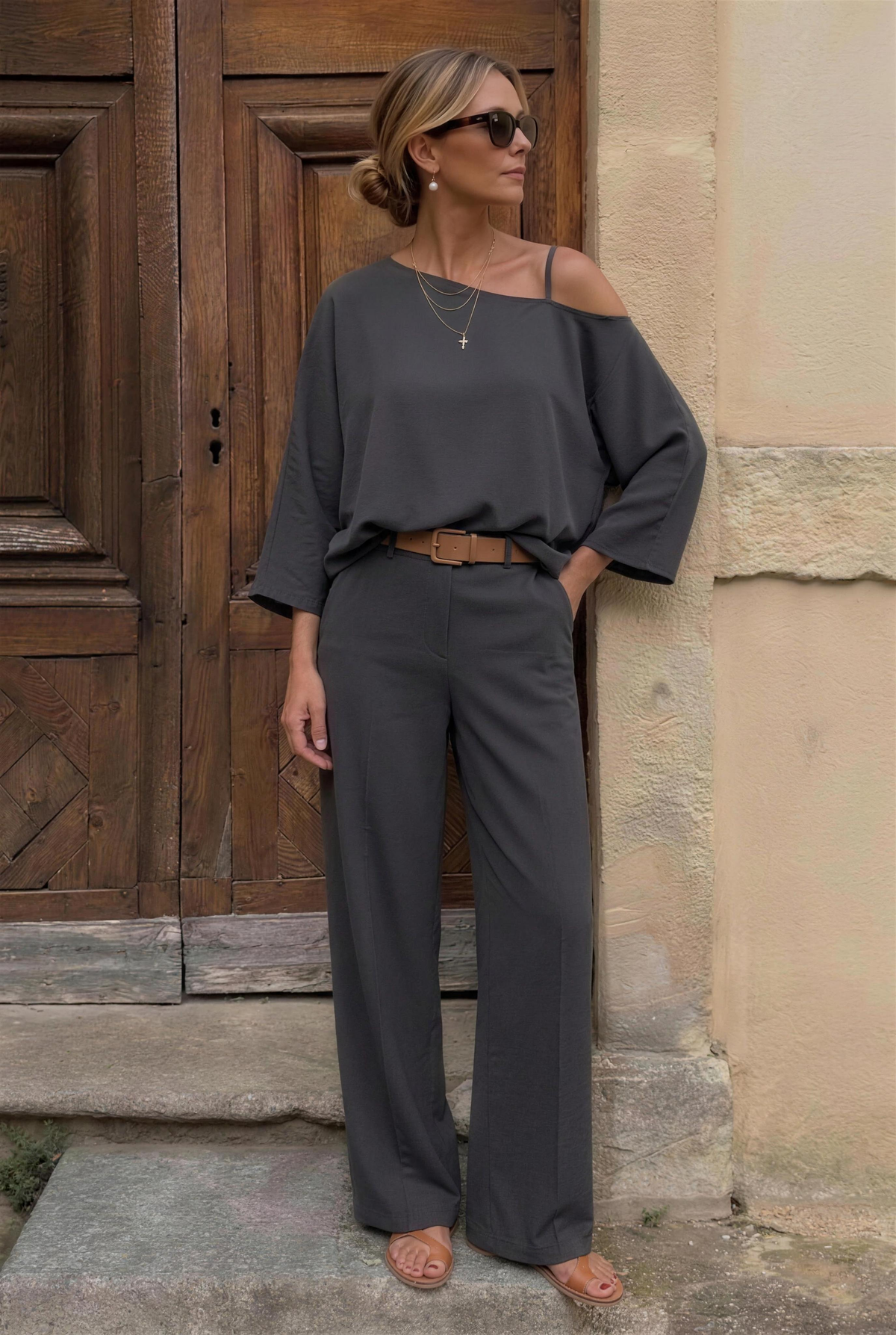 VIVI & Co Elegant 3-Piece Set in Slate with the Overlay Top tucked in to show the belt
