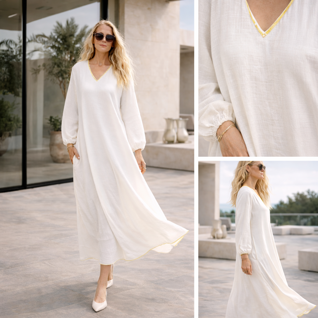 Athena Day Dress Maxi - Orange Trim — back view | VIVI & CO