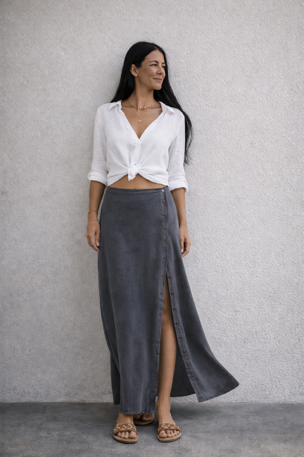 Button up Skirt Cover Up - Stonewash — front view | VIVI & CO