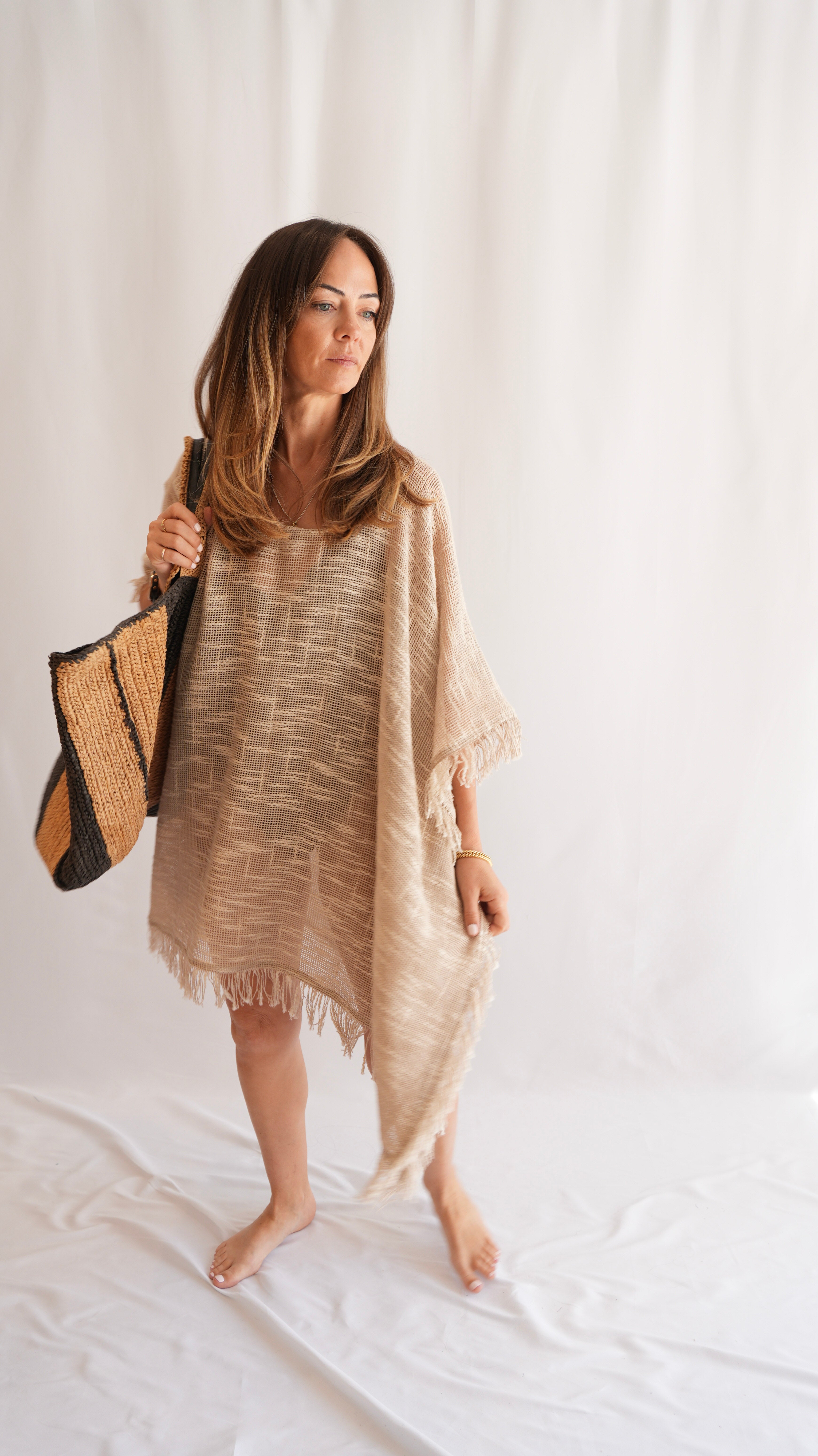 Shelley Ibiza Tunic in tan jute fabric — front view, VIVI & CO 2026 Summer Collection