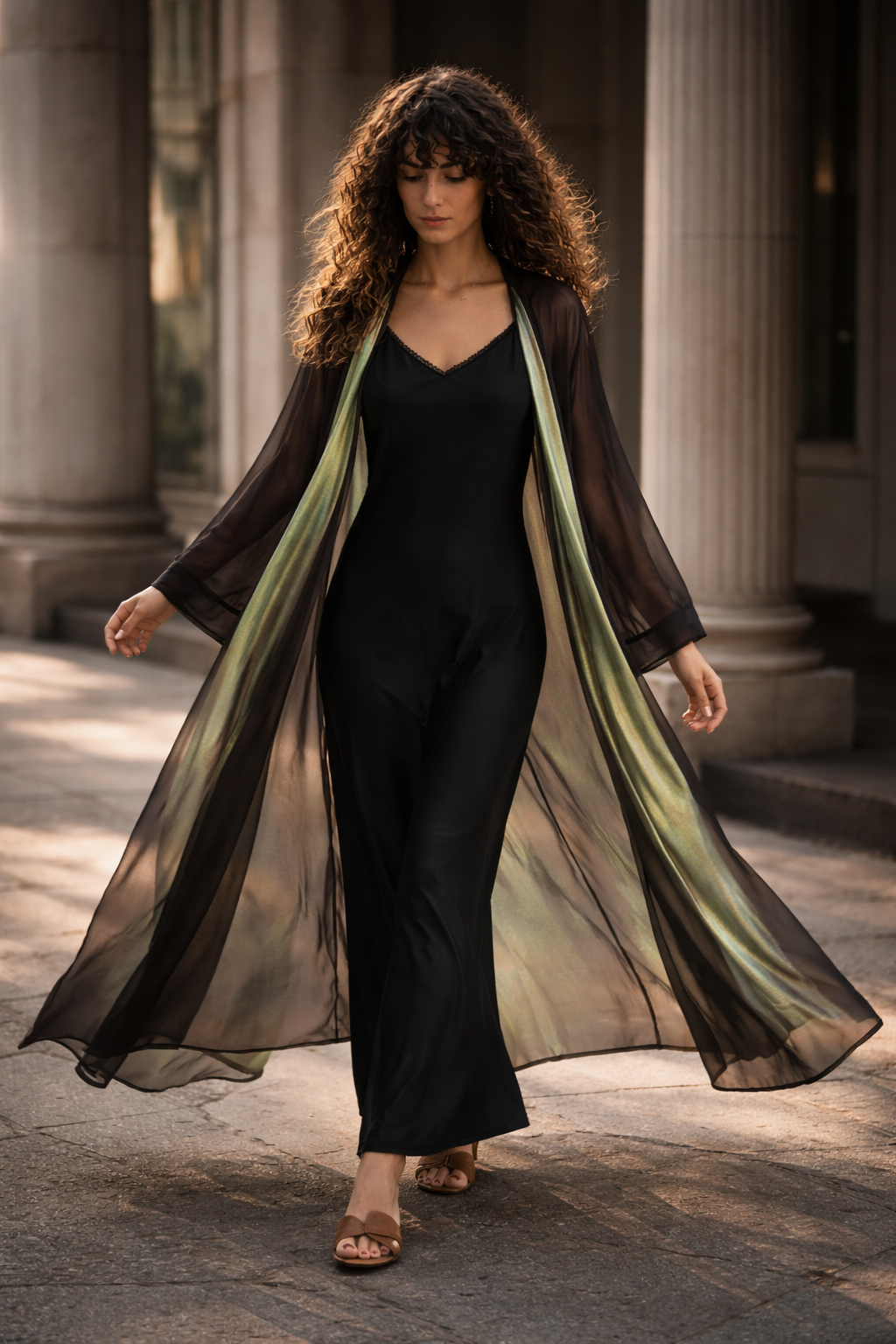 Iconic Chiffon Gilet – Black with Shimmery Green Inlet — back view | VIVI & CO