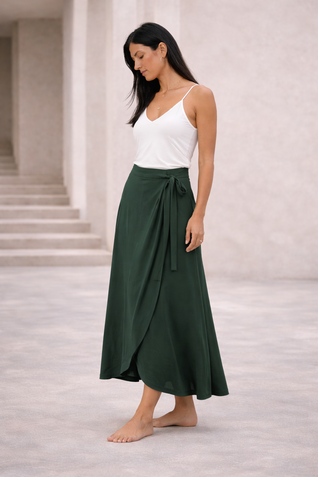 Soft Wrap Skirt-Moss Green — front view | VIVI & CO
