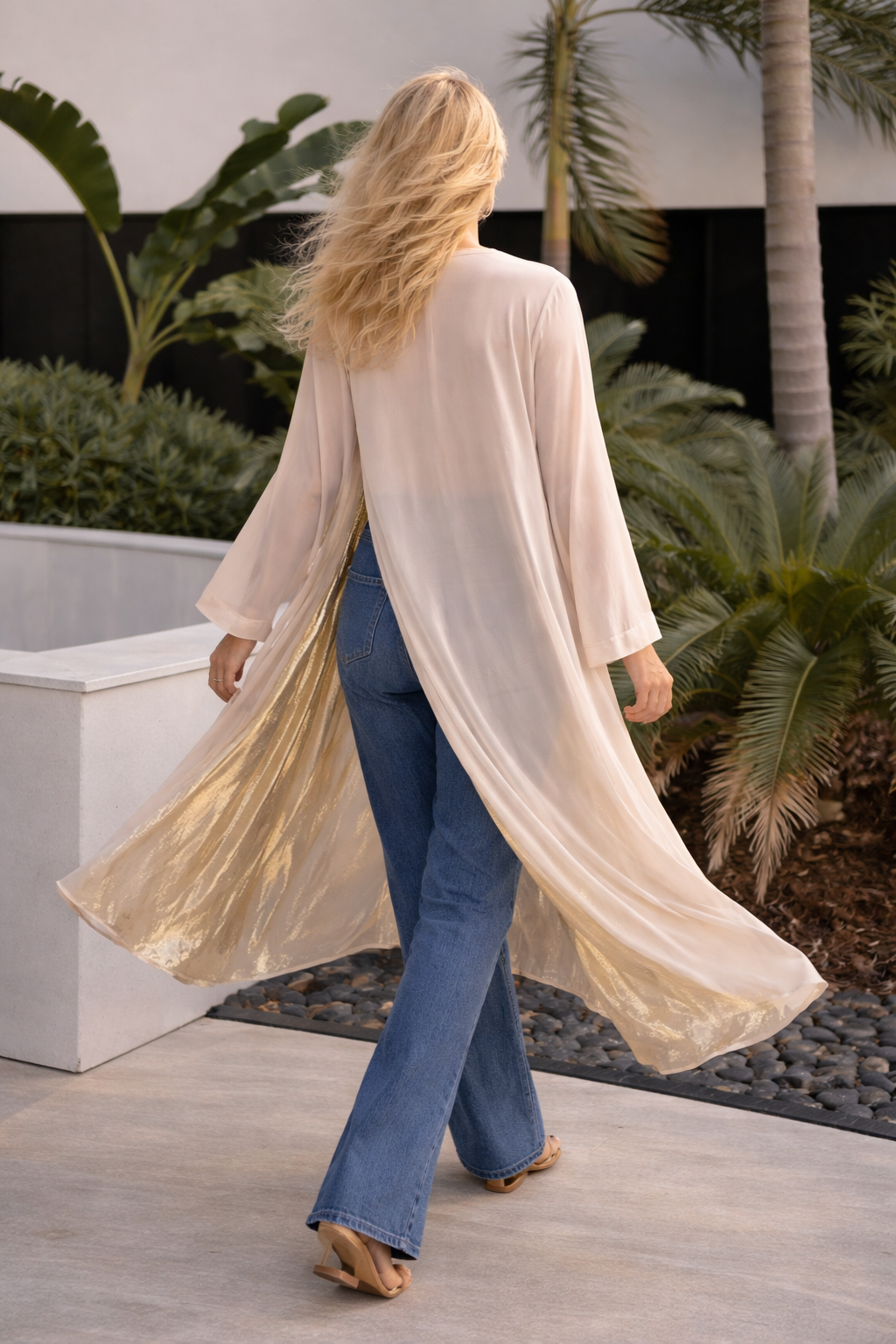 Iconic Chiffon Gilet – Crème with Gold Inlet — side view | VIVI & CO