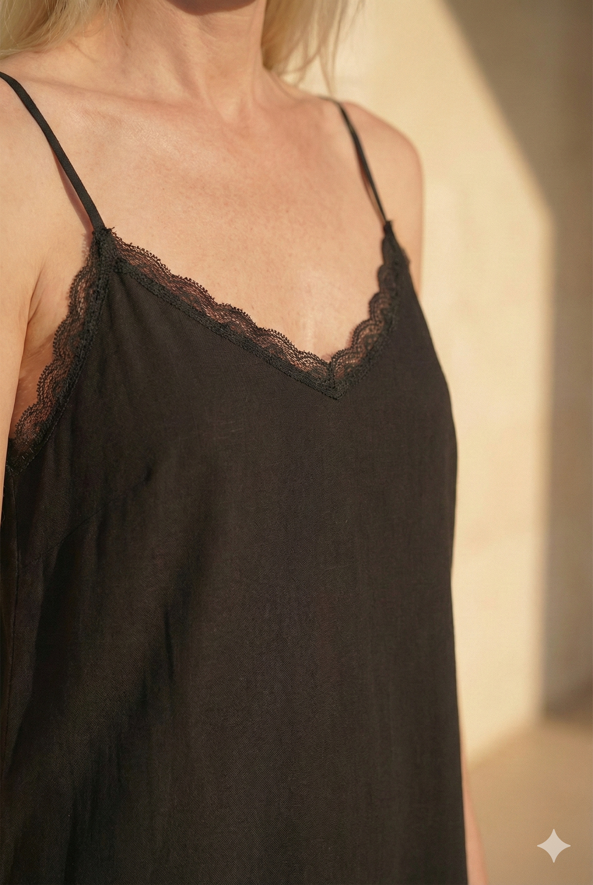Cami Top - Onyx with feathered edging, V-neckline | VIVI & CO
