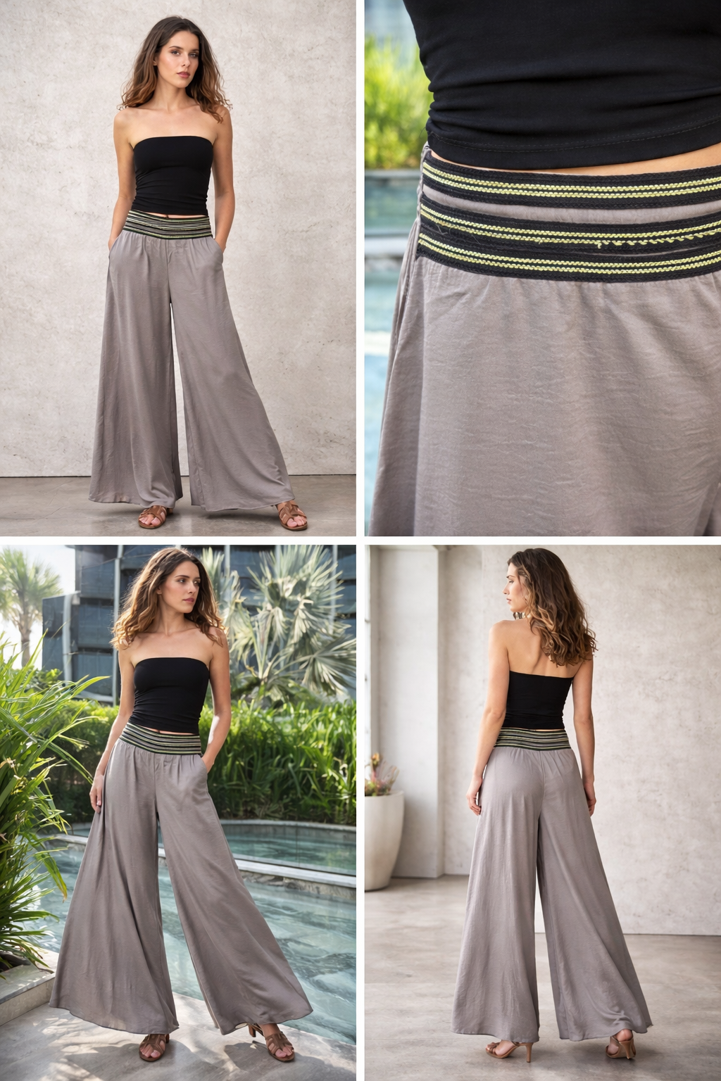 Palazzo Pants – Grey with Lime Green Trim — front view | VIVI & CO