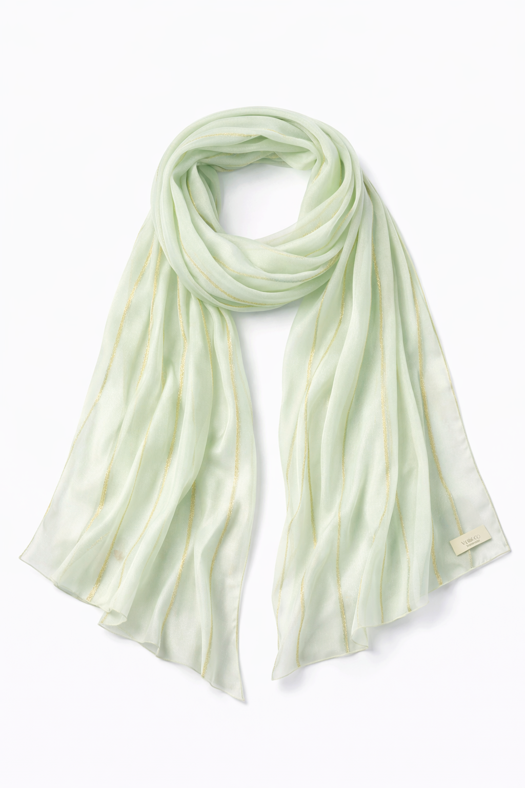 Iconoc Chiffon Scarf - Soft Green with Light Gold scarf — front view | VIVI & CO