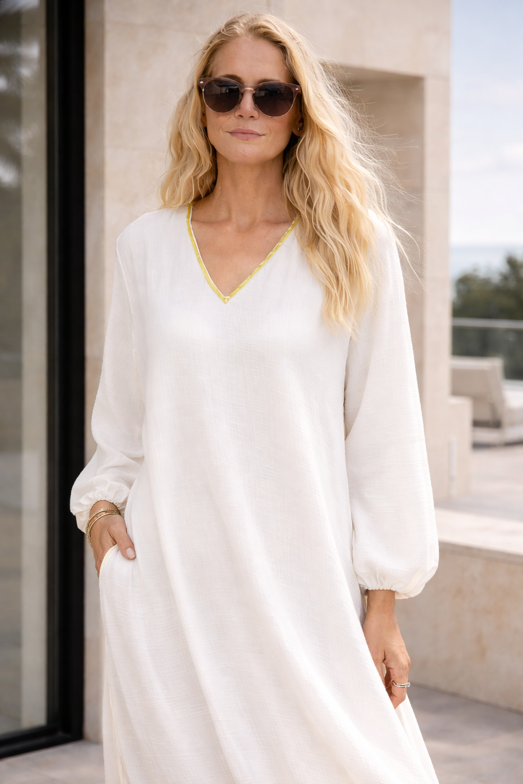 Athena Maxi Dress - Gold Trim — back view | VIVI & CO