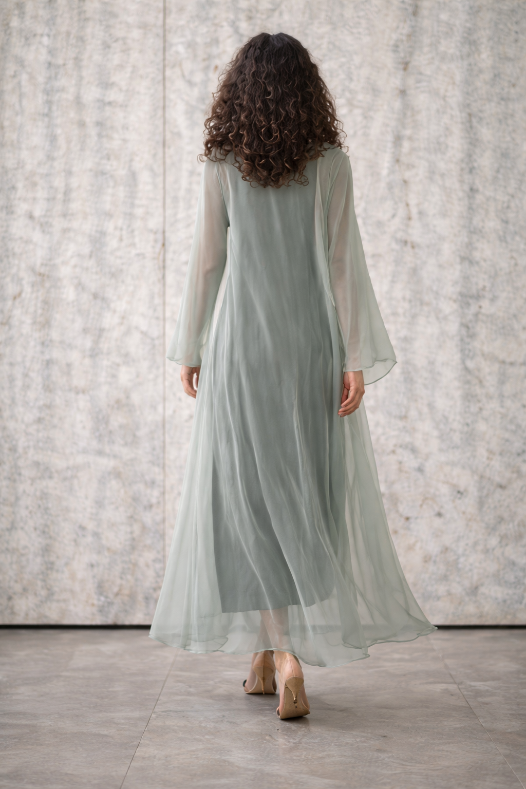 Iconic Chiffon Gilet – Sage Green with Matt Gold Lame Inlet — side view | VIVI & CO