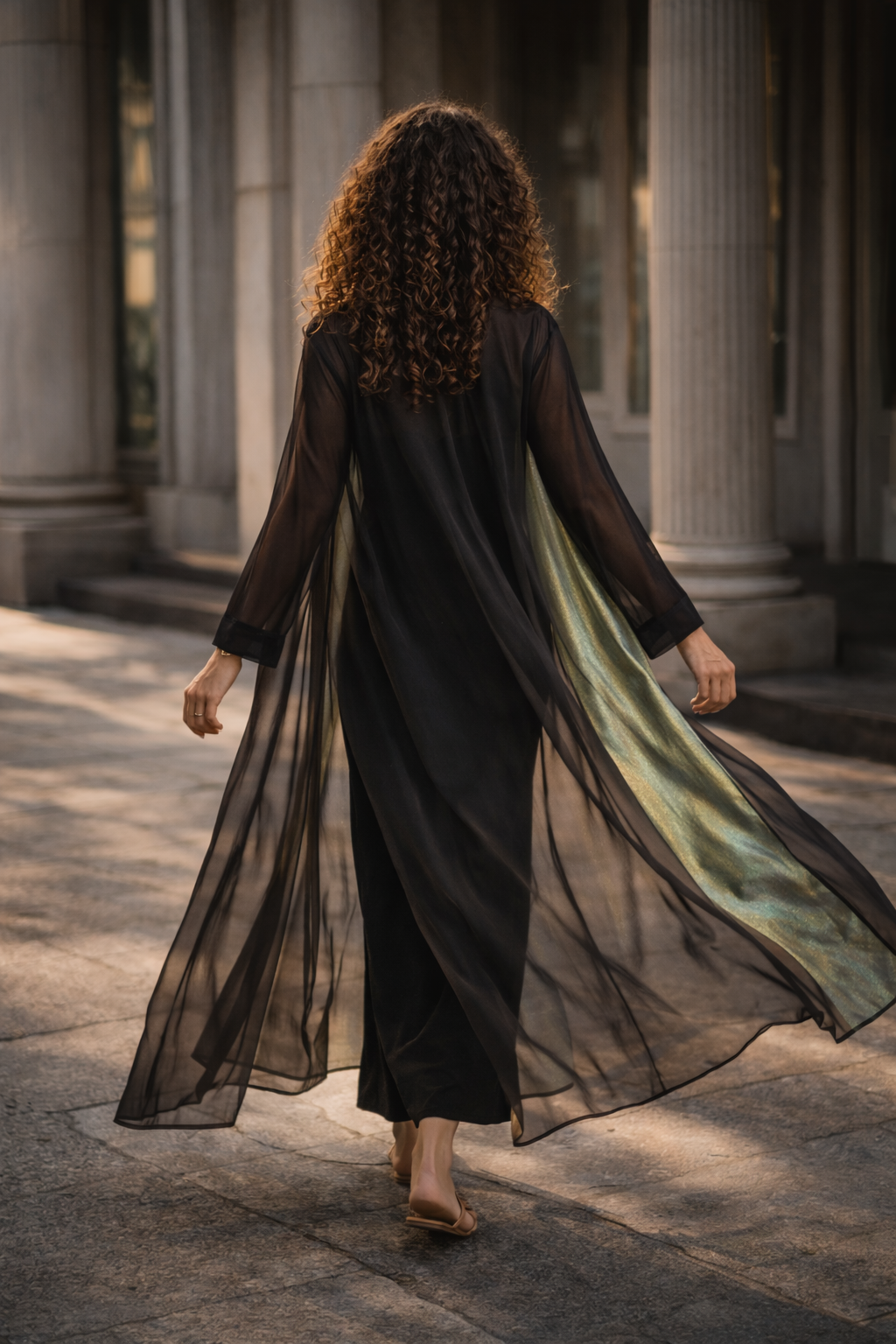 Iconic Chiffon Gilet – Black with Shimmery Green Inlet — detail view | VIVI & CO