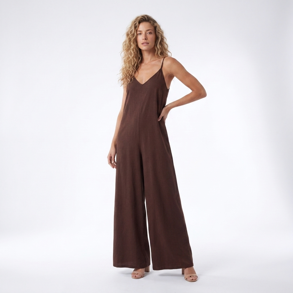 Cha Cha Jumpsuit - Cocoa — three-quarter view | VIVI & CO