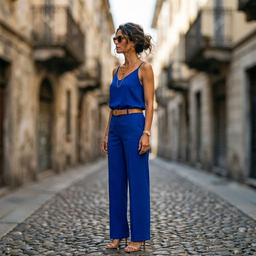 Elegant Top & Tailored Trouser Set - Cobalt Blue - Side