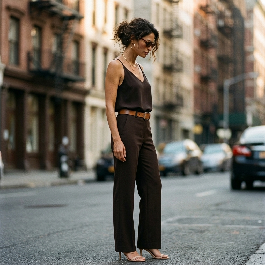Elegant Top & Tailored Trouser Set - Hot Chocolate Brown - Side