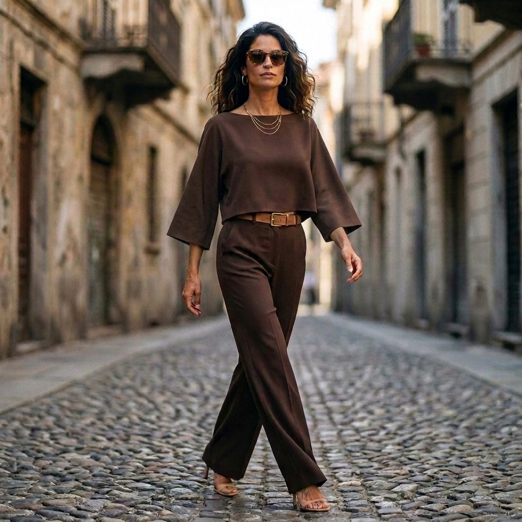 Boat Neck Top - Hot Chocolate Brown - walking, Milan