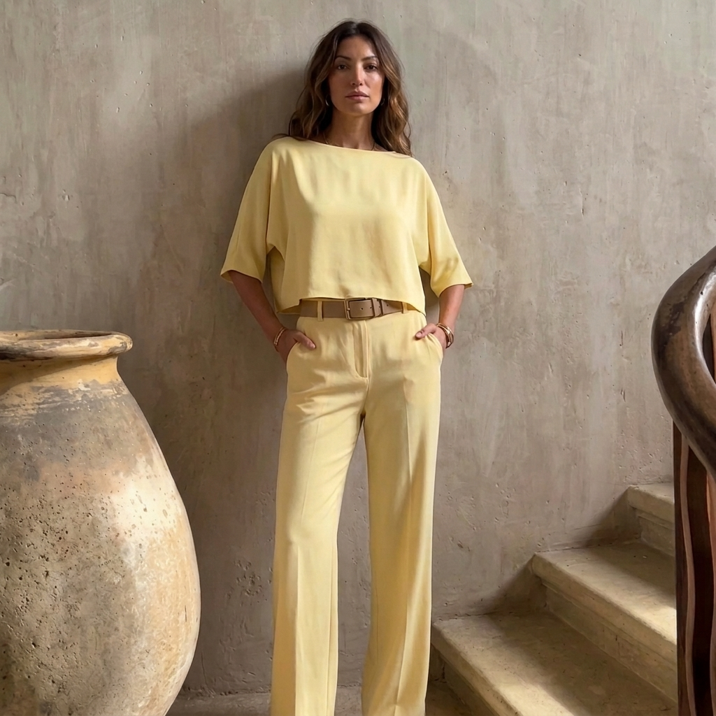 Essential Elegant Top and Tailored Trouser Set - Soft Butter Yellow - Front
