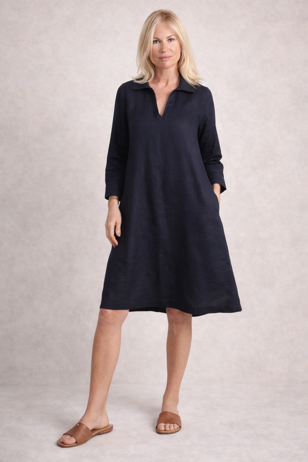 Linen Day Dress - Navy — front view | VIVI & CO